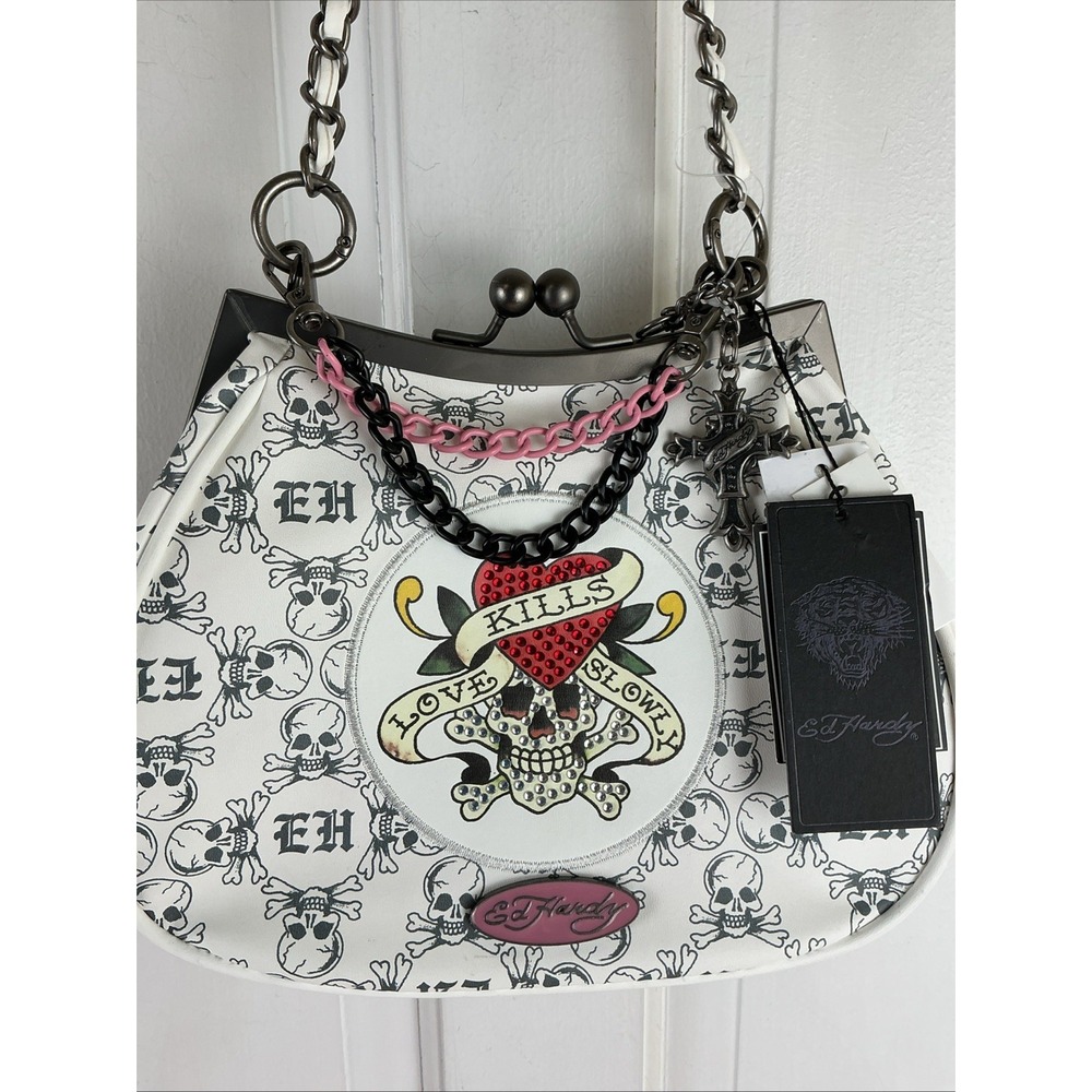 Ed Hardy "Love Kills Slowly" skull tattoo print shoulder bag Chain Strap NWT - Picture 2 of 9